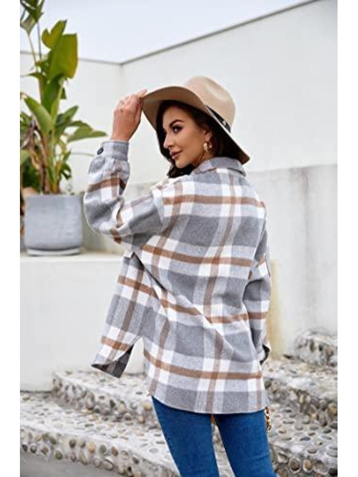 Brushed Plaid Shirts Flannel Shacket Long Sleeve Button Down Casual Jacket Coats with Pockets 