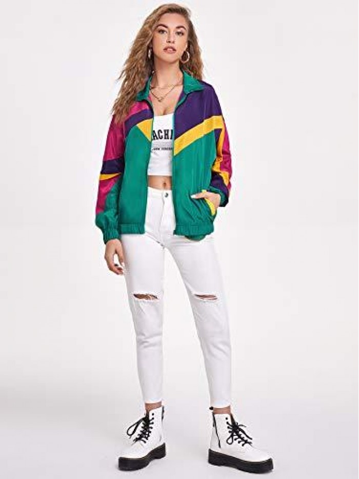 Women's Zip Up Color Block Lightweight Jacket Patchwork Sport Windbreaker Jacket Coat Outerwear 