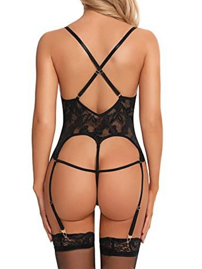 Womens Lingerie Set with Garter Belt Sexy Lace Bodysuit V Neck Cut Out Teddy One Piece Babydoll 