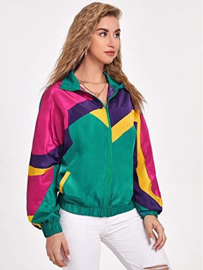 Women's Zip Up Color Block Lightweight Jacket Patchwork Sport Windbreaker Jacket Coat Outerwear 