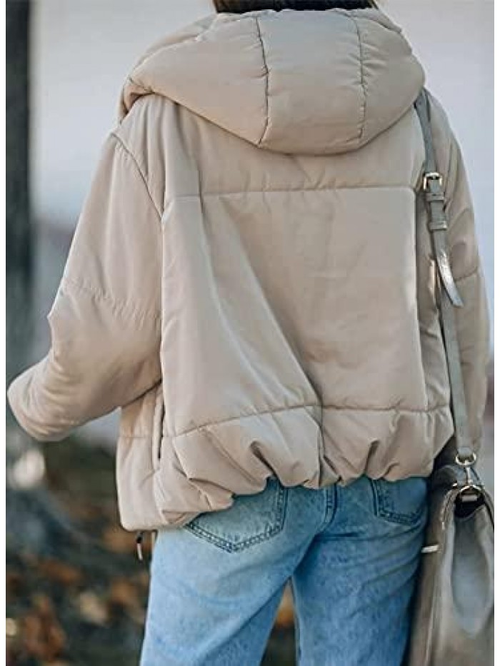 Womens Winter Full Zipper Hooded Puffer Jacket Short Coat with Pockets 