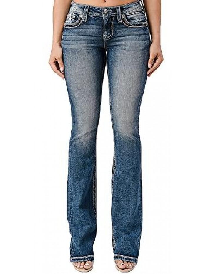 Me Women's Slightly Distressed Mid-Rise Bootcut Jeans with Mixed Stitch Border Design 