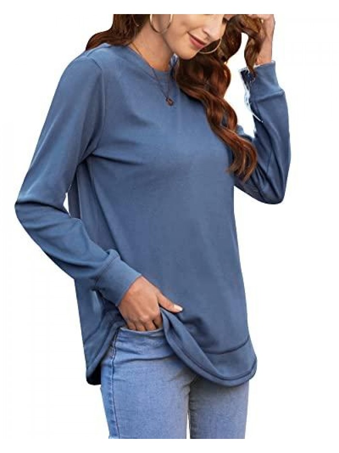 Crewneck Sweatshirts Long Sleeve Tunic Tops Casual Loose Pullover Shirts with Curved Hem 