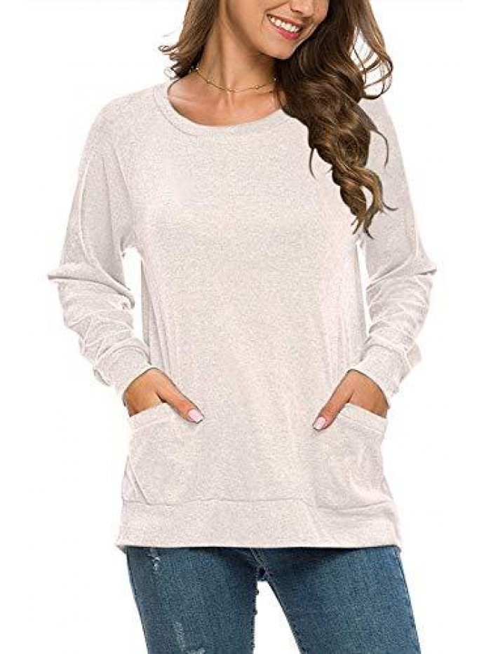 Women's Long Sleeve Round Neck Casual T Shirts Blouses Sweatshirts Tunic Tops with Pocket 