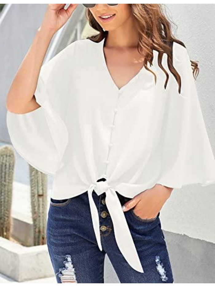 Women's Casual V Neck Tops 3/4 Sleeve Tie Knot Blouses Solid Button Down Shirts 