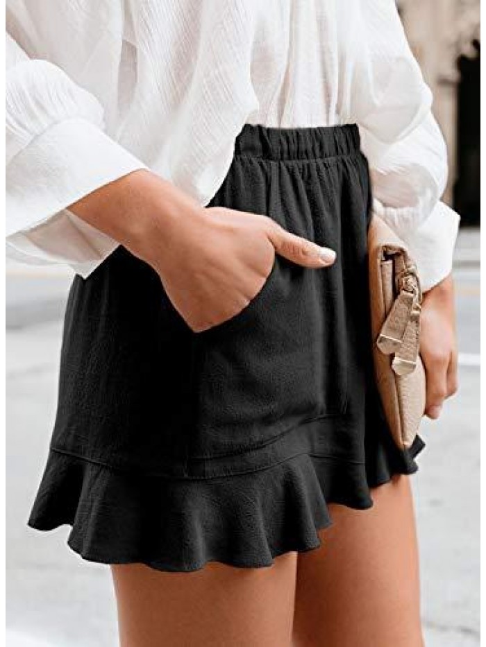Womens Elastic Waist Side Pockets Ruffle Linen Shorts Summer Casual Size S-XL 