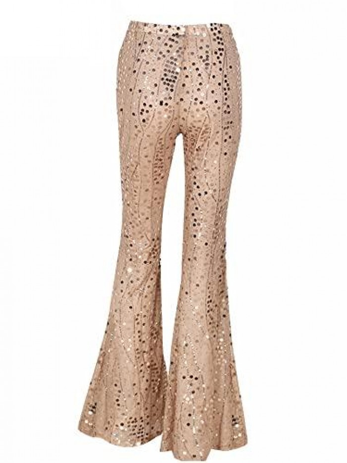 Women Fairy Sequin High Waist Flare Pants Sparkle Glitter Bell Bottom Trousers Party Clubwear Streetwear 