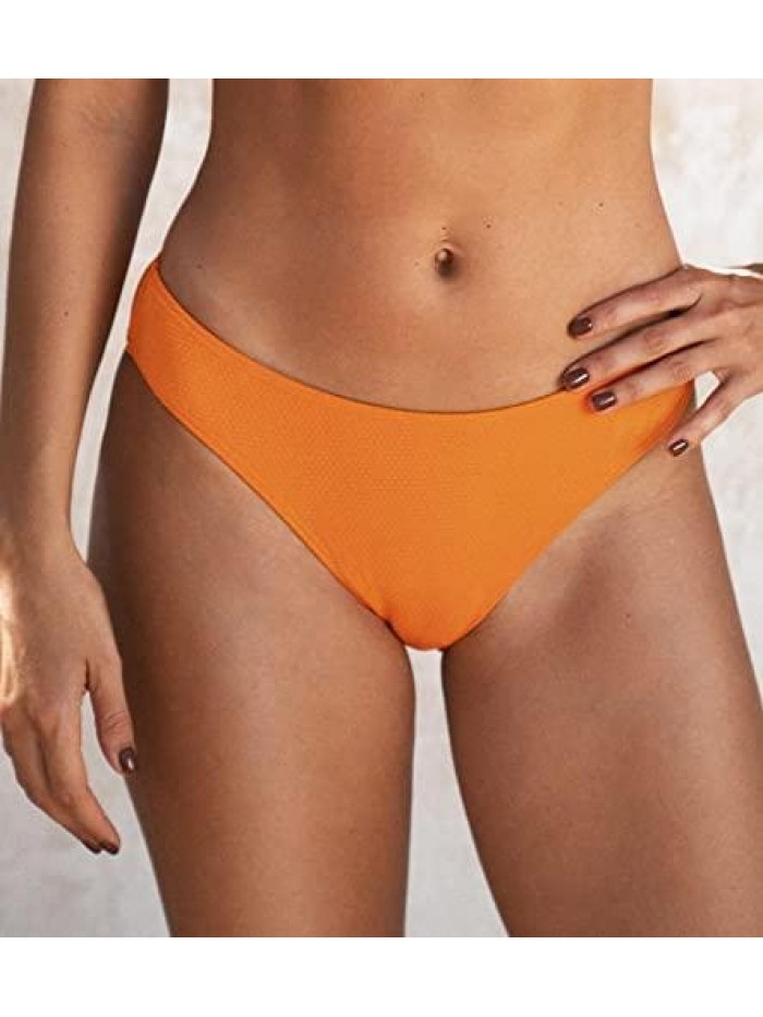 Women's Bikini Bottom Textured Low Waisted Middle Cut Solid Orange 