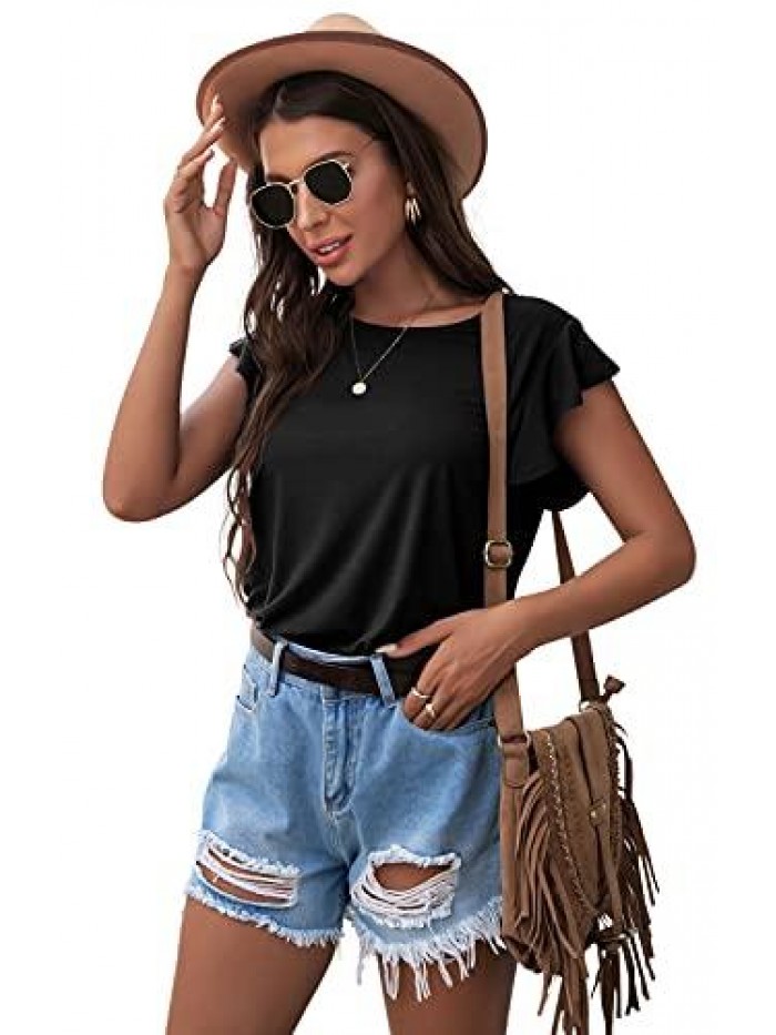 Summer Tops Knit Shirts Casual Ruffle Short Sleeve Top Round Neck Tunic Tank Tops Tee Blouse for Women 