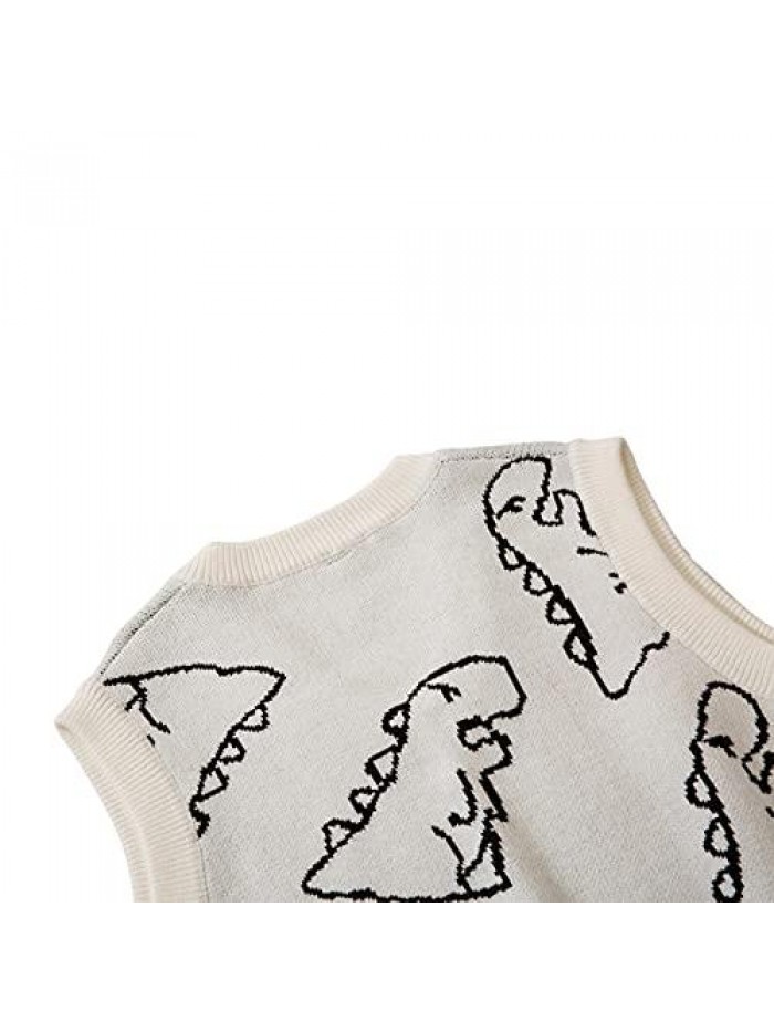 Women Cute Kawaii Long Sleeve Sweater Cartoon Dinosaur Print Crew Neck Knit Pullover Y2K E-Girl Loose Casual Jumpers
