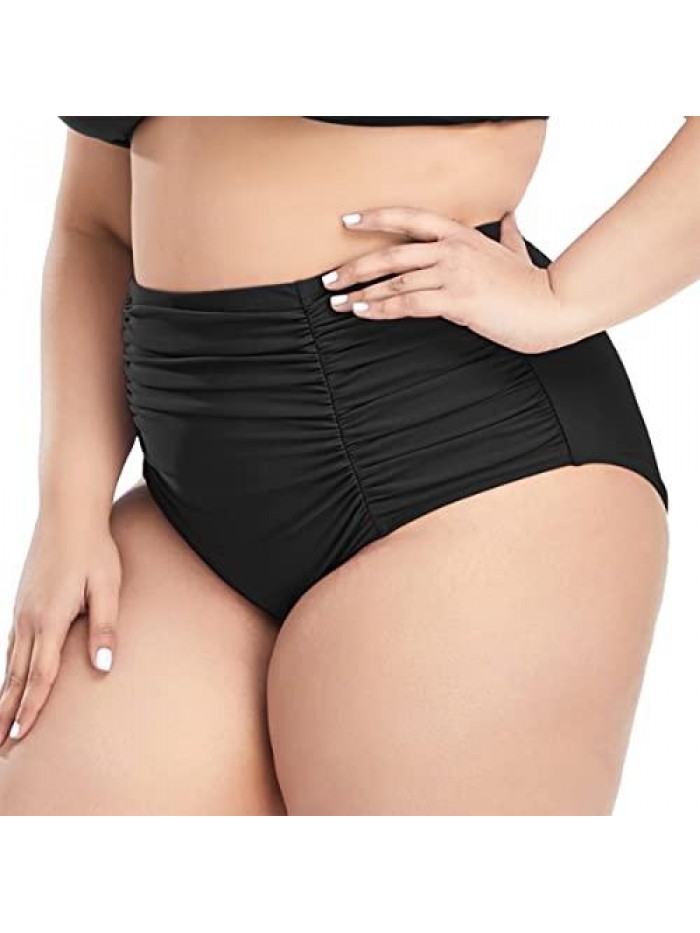 Women's Plus Size High Waisted Swim Bottoms Ruched Tummy Control Bikini Swimsuit Bottom 
