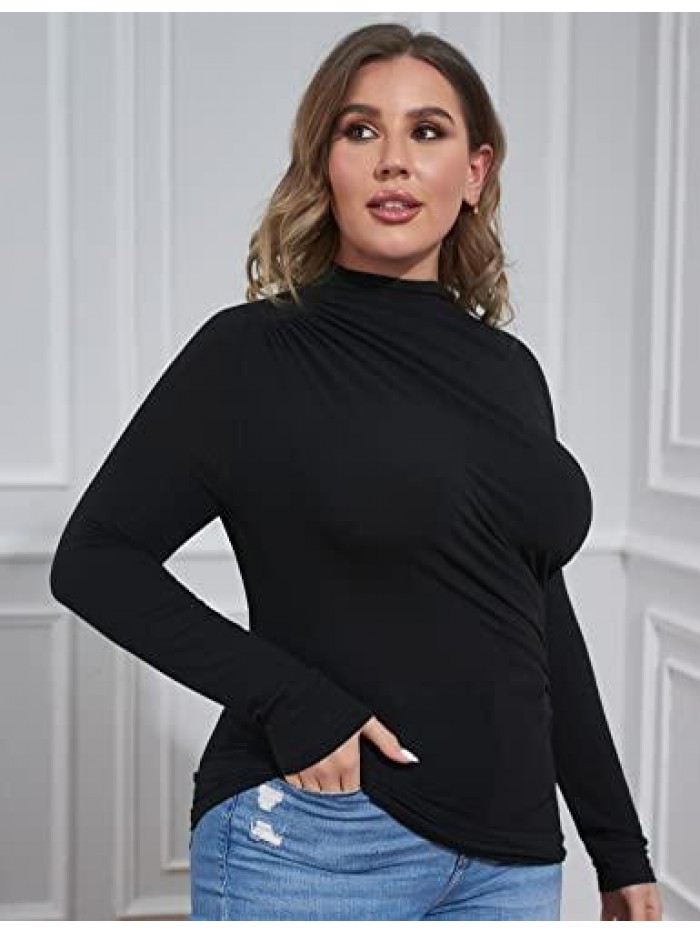 Neck Tops for Women Long Sleeve Ruched Tops for Women Underscrub Half Tops Stretch Slim Fit Tees for Spring Fall Gift 