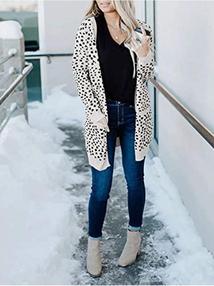 MEROKEETY Women's Open Front Knit Cardigan Winter Fall Sweater Dots Long Sleeve Coat Outwear