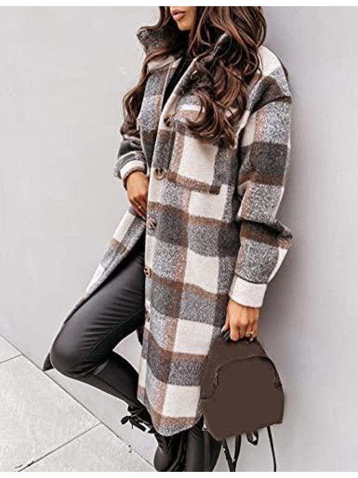 Womens Fall Long Flannel Plaid Grey Shacket Jacket Button UP Shirts Trench Coat 