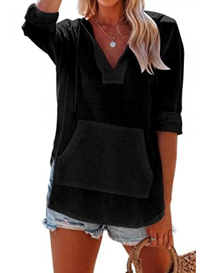 Women's Beach Cover Up Shirt Long Sleeve V Neck Pocketed Hooded Top 