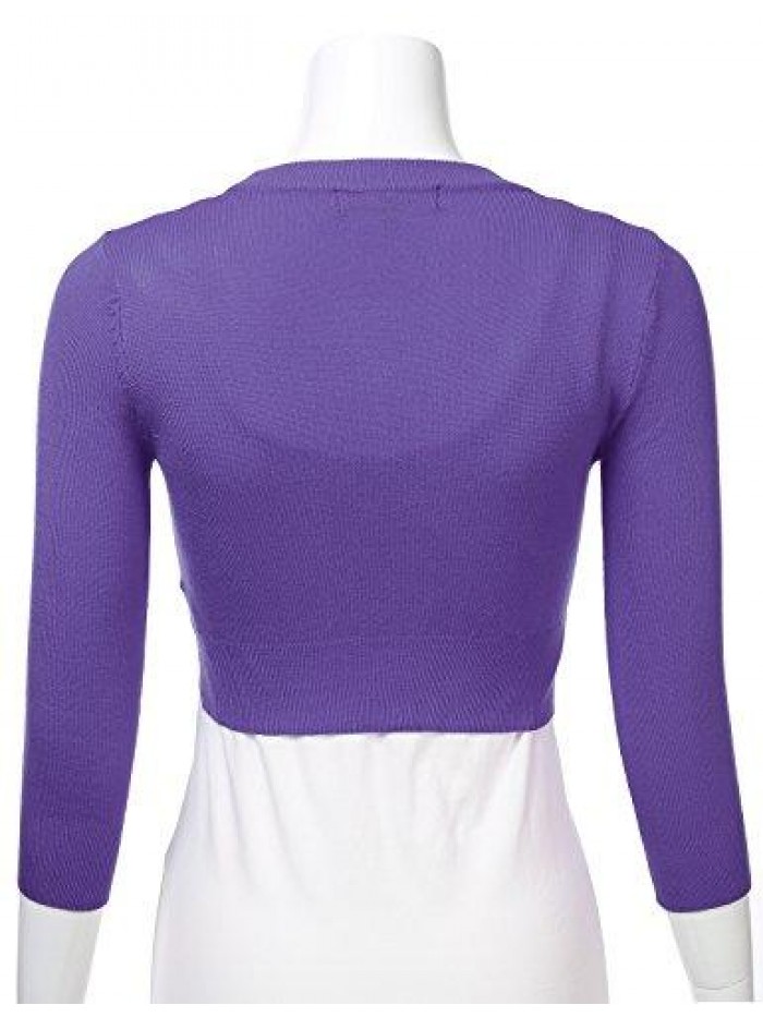 Women Solid Button Down 3/4 Sleeve Cropped Bolero Cardigan Sweater (S-4X) 