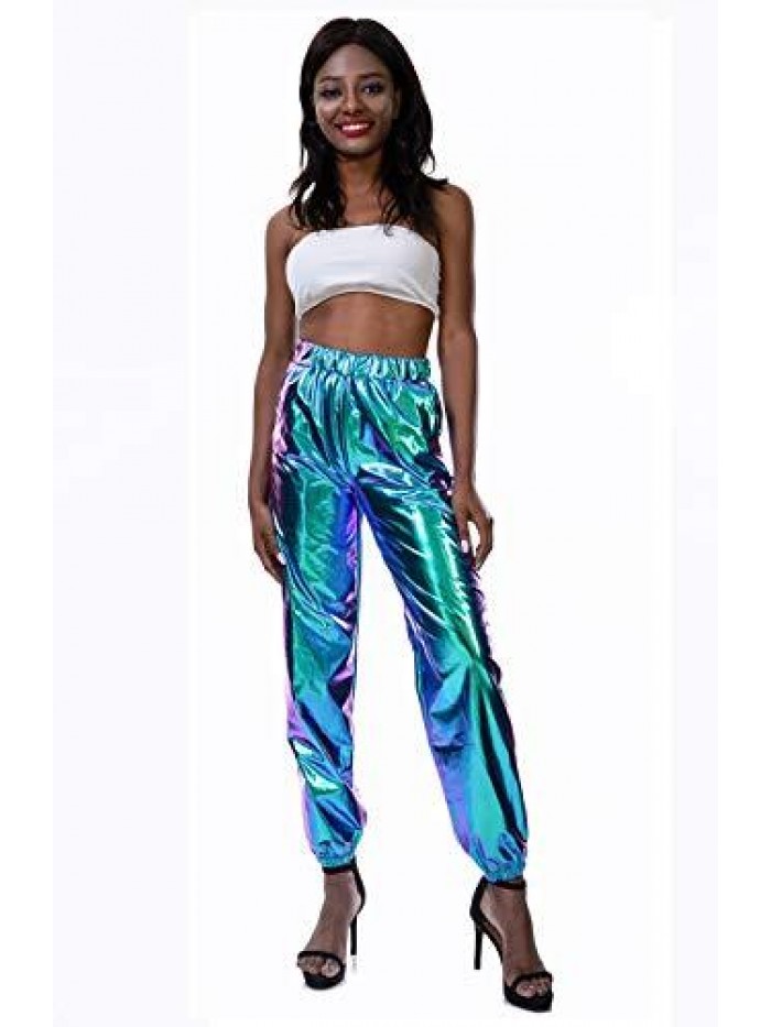 Womens Shiny Metallic High Waist Stretchy Jogger Pants, Wet Look Hip Hop Club Wear Holographic Trousers Sweatpant 