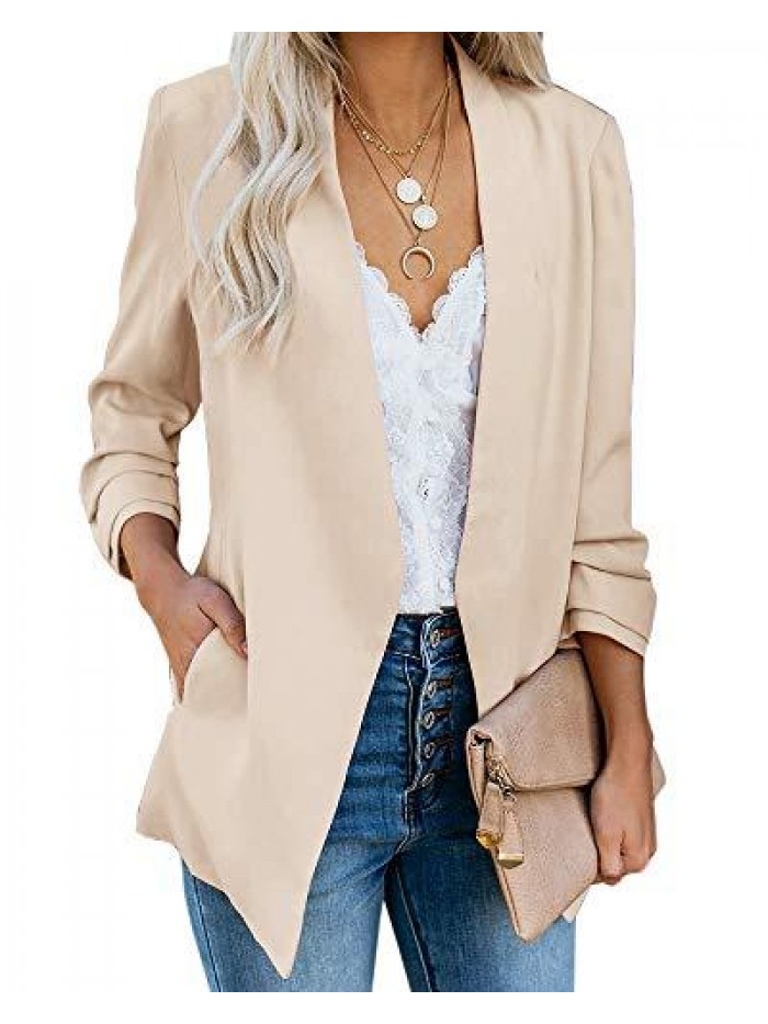 Womens Casual Blazer Ruched 3/4 Sleeve Open Front Relax Fit Office Lightweight Cardigan Jacket Blazers 