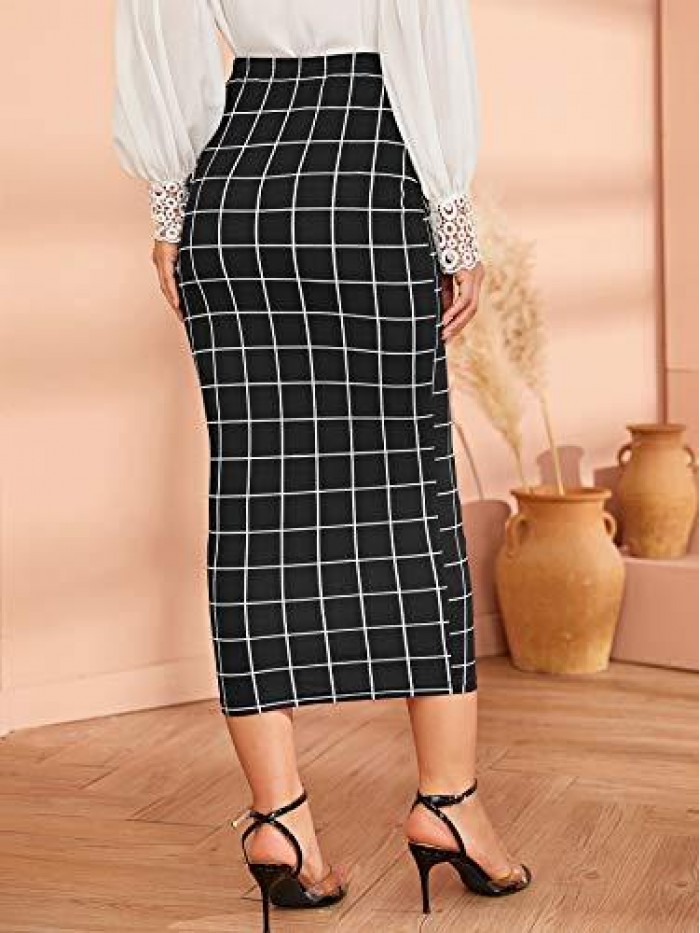 Women's Elegant Plaid Elastic Waist Bodycon Midi Skirt 