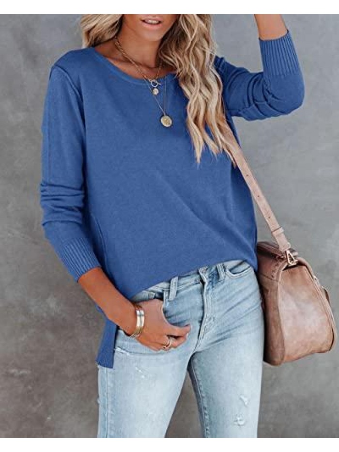 Crew Neck Tunic Pullover Sweater Solid Color Loose Casual Warm Lightweight Side Split Knit Sweaters 