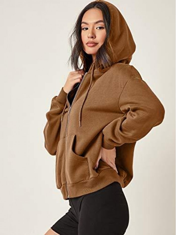 Women's Casual Long Sleeve Zip Up Drawstring Sweatshirt Hoodie Jacket with Pockets 
