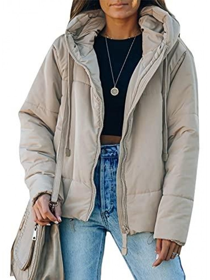 Womens Winter Full Zipper Hooded Puffer Jacket Short Coat with Pockets 