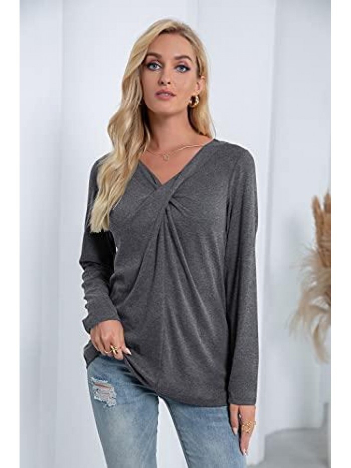Womens Long Sleeve V Neck T Shirts Casual Cross Neck Tunic Blouses Tops Tees 