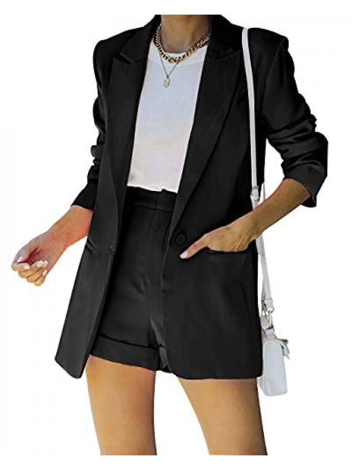2 Piece Open Front Long Sleeve Blazer and Solid Short Pants Suit Sets 