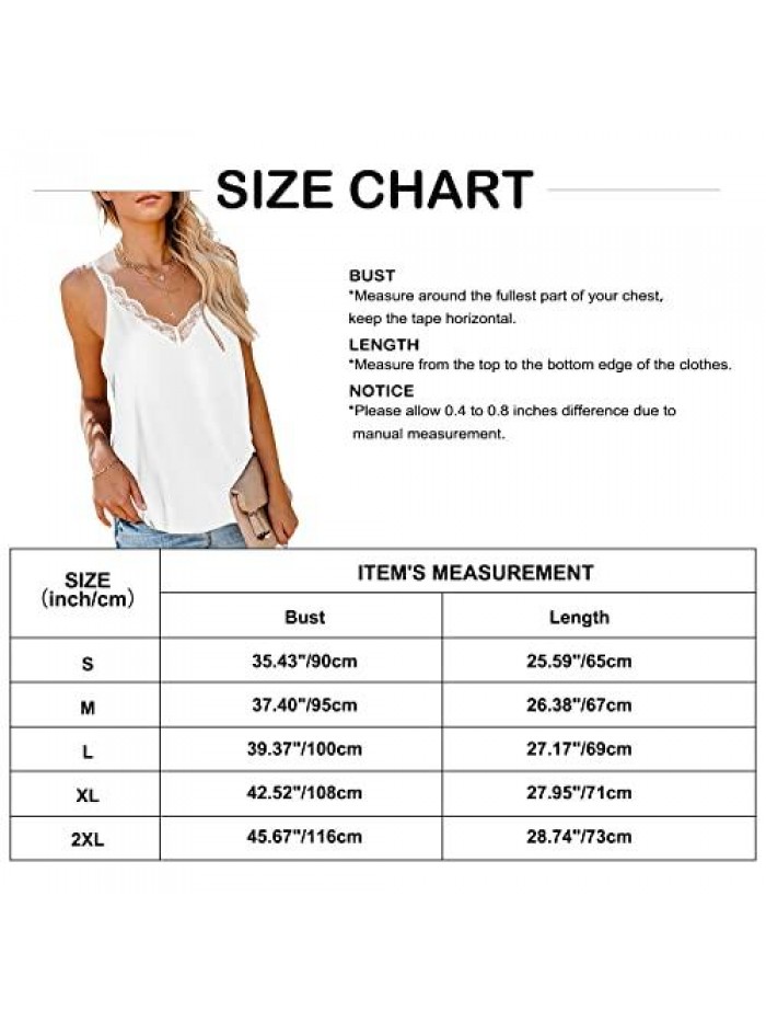 Lace Trim Spaghetti Strap V-Neck Cami Tank Tops for Women Summer Dressy Silk Crushed Cami Shirt Camisole Casual 