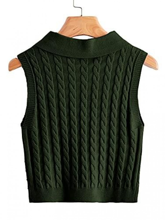Womens Lapel Neck Cable Cute Knit Sweater Vest Button Front Knit Tops Plain Sleeveless Casual Pullover Knitwear 