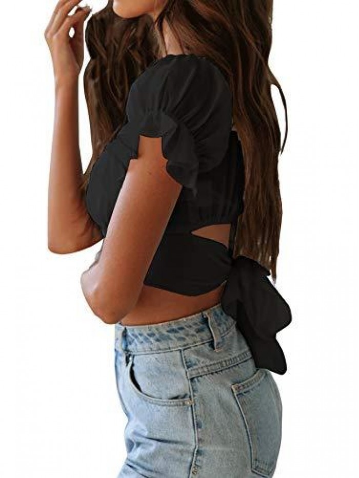 Women's Ruffle Short Sleeve Tie Up Back Crop Top Off Shoulder Bardot Blouse 