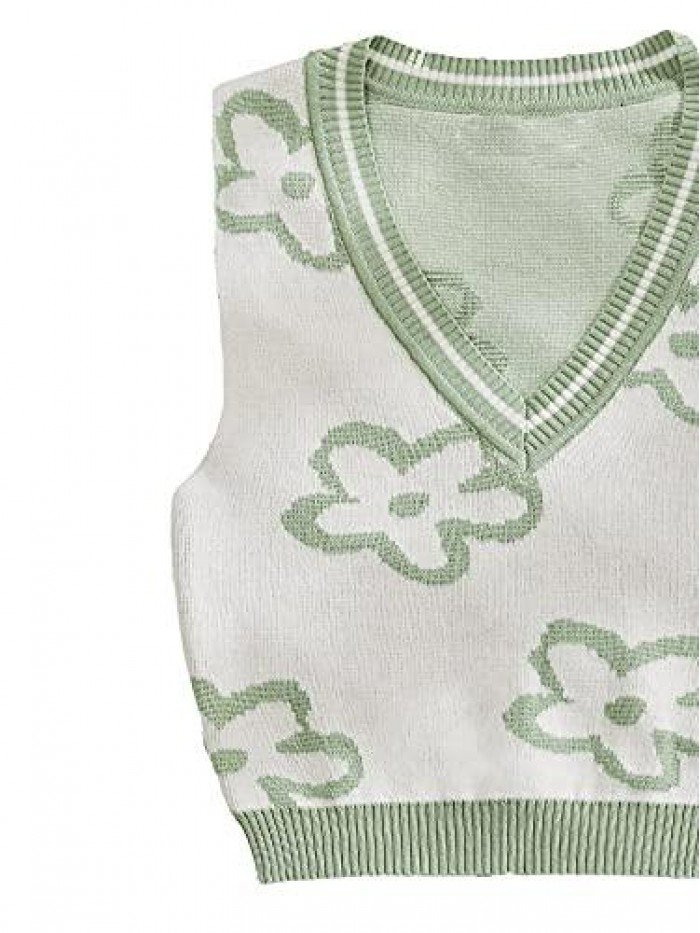 Women's Floral Crop Sweater Vest Preppy Style V Neck Tank Tops Knitwear 
