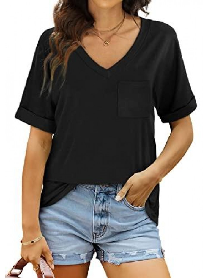 Womens V Neck Rolled Short Sleeve T Shirts Casual Summer Tops Tshirts with Pocket 
