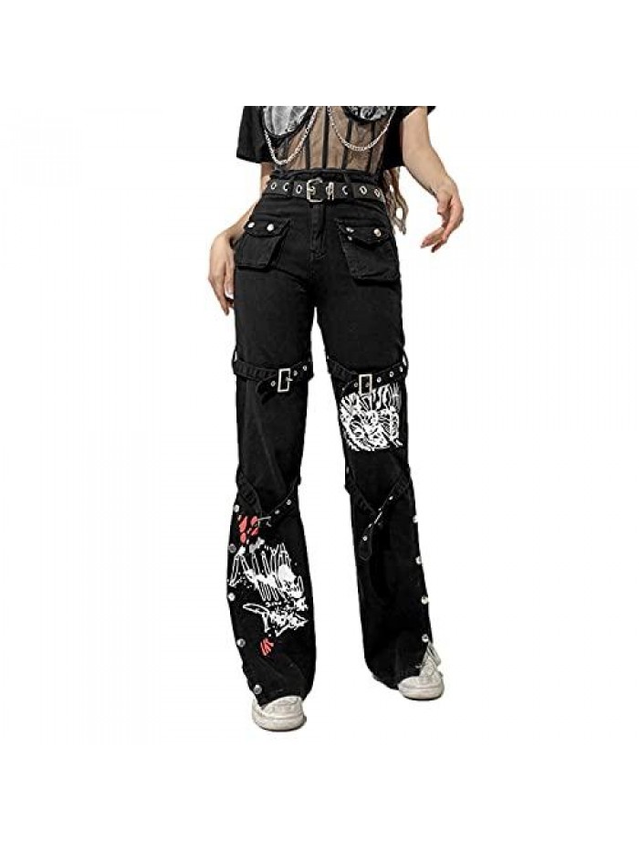 Women Harajuku Goth Pants Wide Leg Low Rise Baggy Pants Grunge Gothic Cargo Pants with Chain Streetwear 