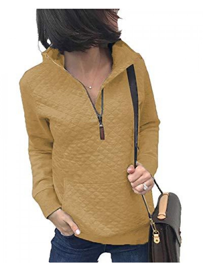 Women Fashion Quilted Pattern Lightweight Zipper Long Sleeve Plain Casual Ladies Sweatshirts Pullovers Shirts Tops 