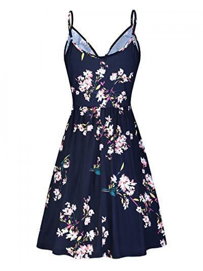 Women's V Neck Floral Spaghetti Strap Summer Casual Swing Dress with Pocket 