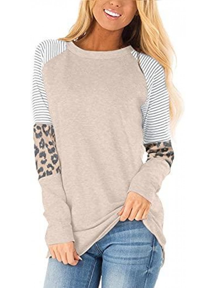 Womens Long Sleeve Tops Casual Color Block Tunic Loose Fit Shirts 