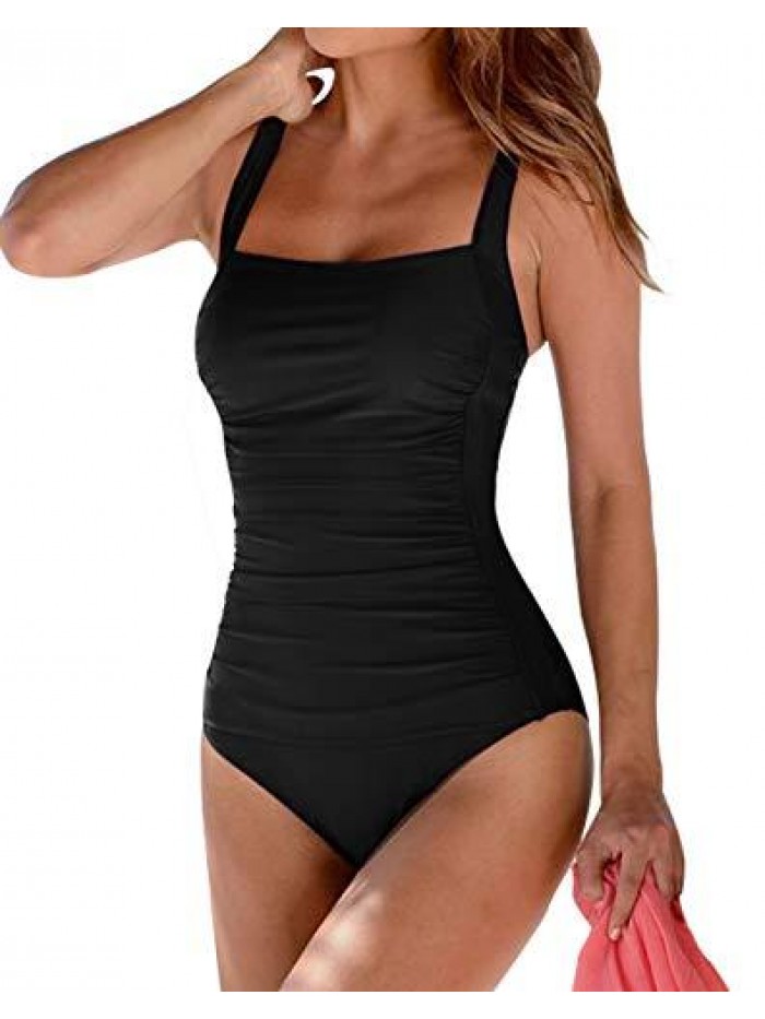 Women's Vintage Padded Push up One Piece Swimsuits Tummy Control Bathing Suits Plus Size Swimwear 