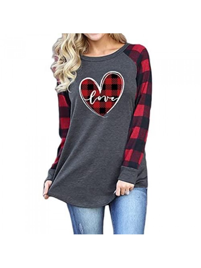Womens Love Heart Raglans T-Shirts Casual Long Sleeve Valentine's Day Graphic Tees Tops 
