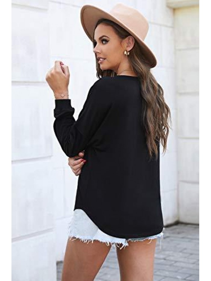 Button Up Long Women T Shirt V Neck Long Sleeve Tops Pullover for Women 