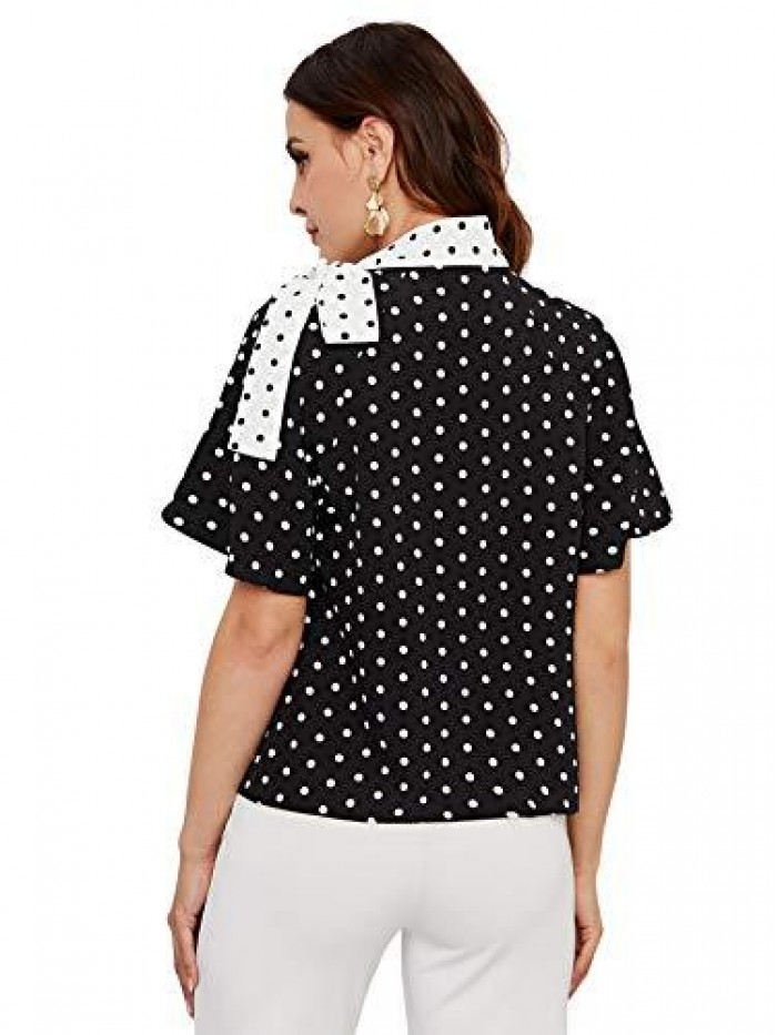 Women's Casual Side Bow Tie Neck Short Sleeve Blouse Shirt Top 