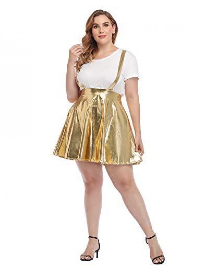 Plus Size Shiny Metallic Suspender Skirt High Waisted Holographic Rave Skirt 
