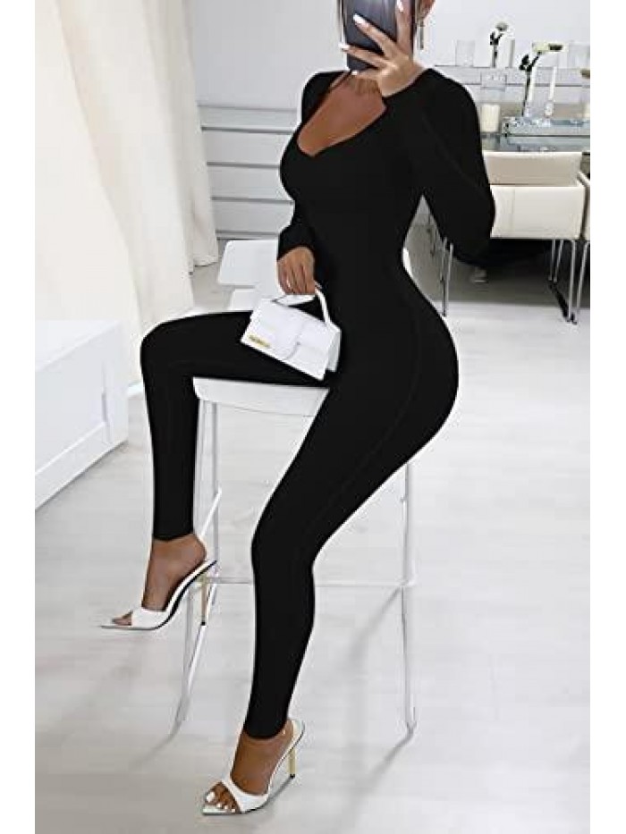 Women's Sexy Plunge V Neck Long Sleeve Ruched Bodycon Party Club Long Jumpsuit Rompers 