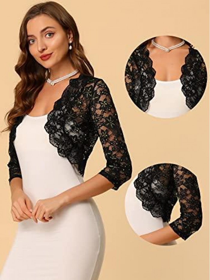 K Shrug Top for Women's Crop 3/4 Sleeve Sheer Floral Lace Cardigan 
