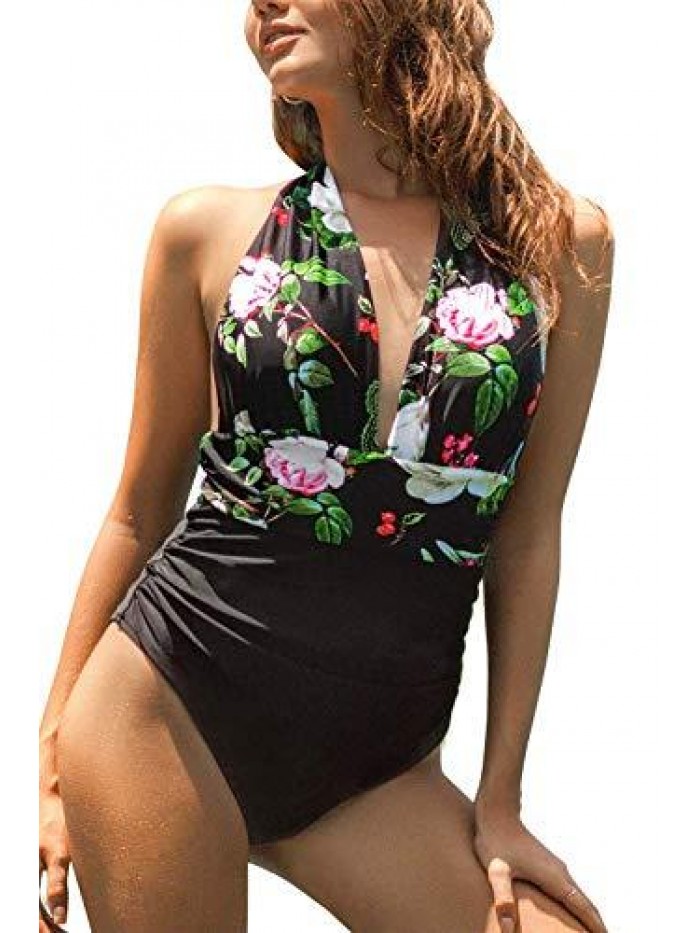 Women's One Piece Swimsuit Halter Plunge Neck Ruched Tummy Control Bathing Suits 