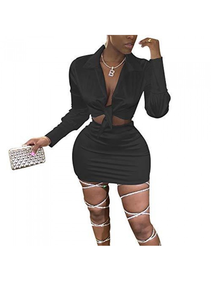 Womens Satin Sexy Self Tie Front Long Sleeve 2 Piece Outfits Crop Top and Mini Bodycon Skirt Set 