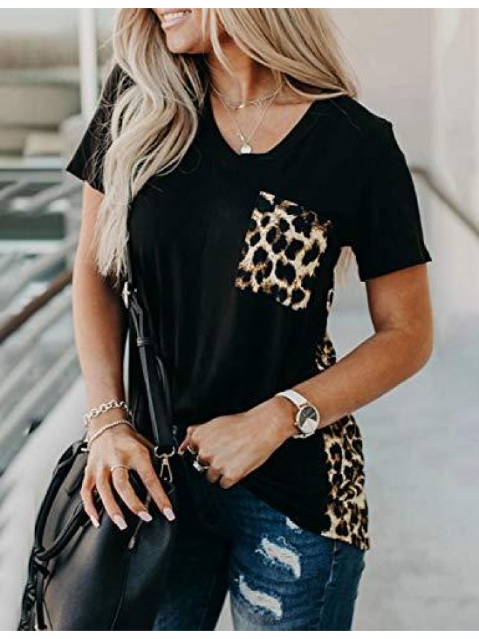 Jelly Women's Leopard Print Tops Loose V Neck Shirts Short Sleeve Blouses with Pocket 