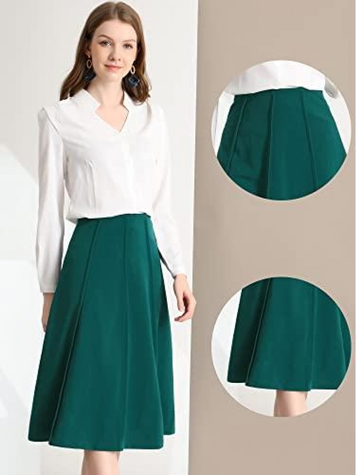 K High Waist Skirts for Women's Solid Color Knee Length Pleated Flared Skirt 