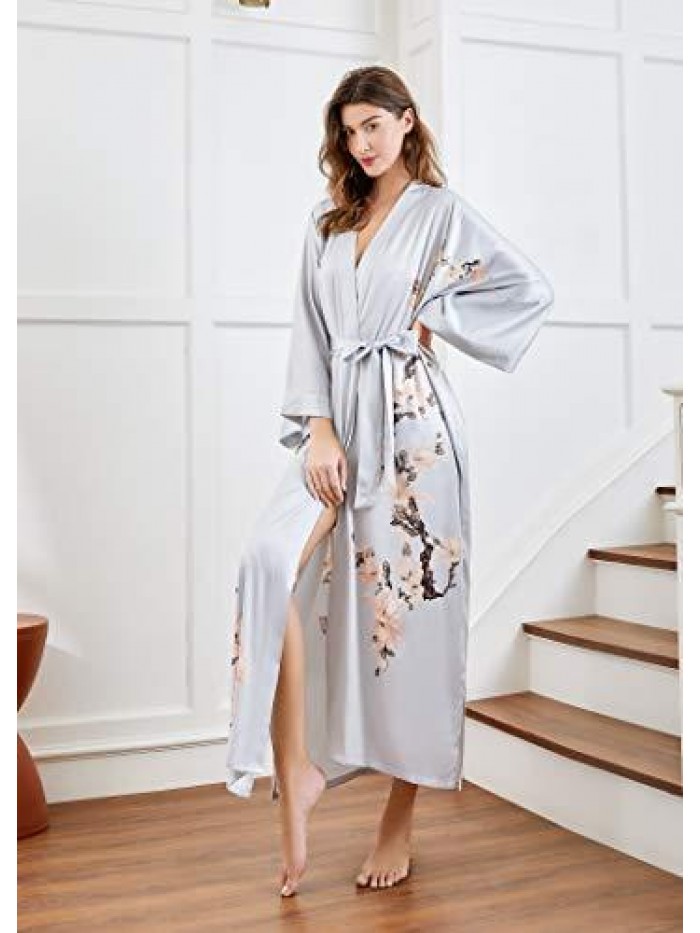 Kimono Robe Cover up Long Floral Satin Sleepwear Silky Bathrobe Bachelorette Robe 