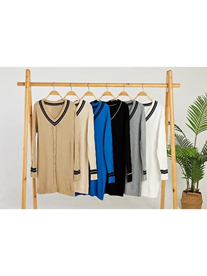 Sweater Dress for Women Color Block Stripe Cable Knit Sweater Long Sleeve V Neck Casual Loose Midi Dress 